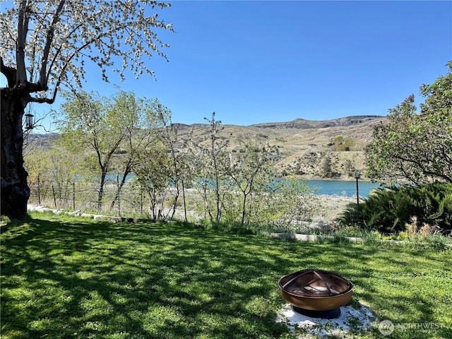 property view of water featuring a fire pit