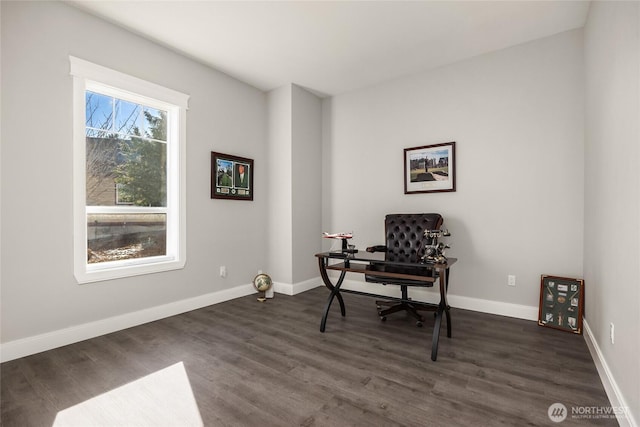 office featuring dark wood finished floors and baseboards