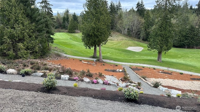 view of property's community featuring golf course view and a yard