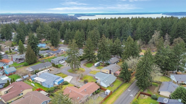 drone / aerial view with a water view and a view of trees