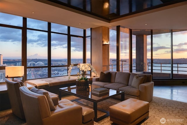 living room with a wall of windows, tile patterned flooring, and a healthy amount of sunlight