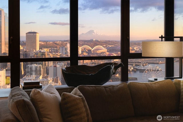 living area featuring a view of city, a wall of windows, and a water view