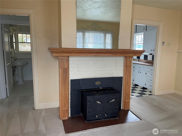 room details with carpet floors, a textured ceiling, and baseboards