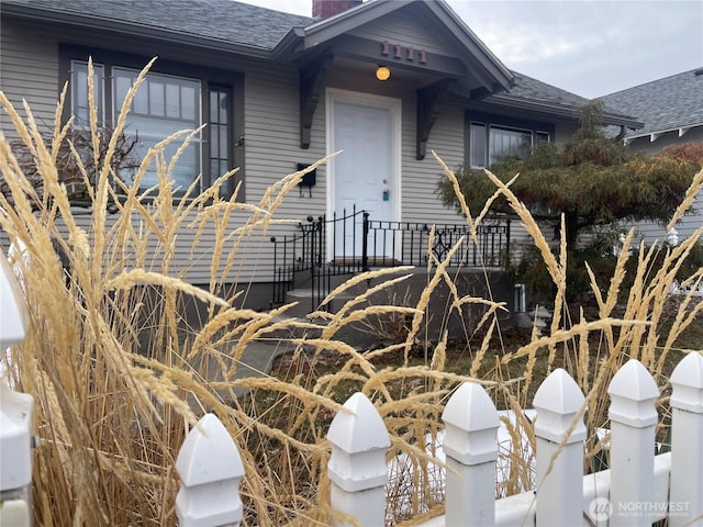 view of front of house featuring roof with shingles and a chimney