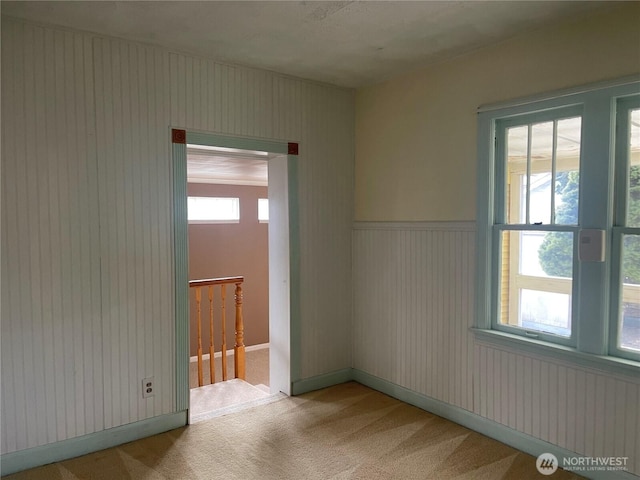 unfurnished room featuring wainscoting and light carpet