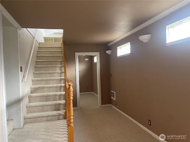 stairs featuring crown molding, carpet flooring, visible vents, and baseboards