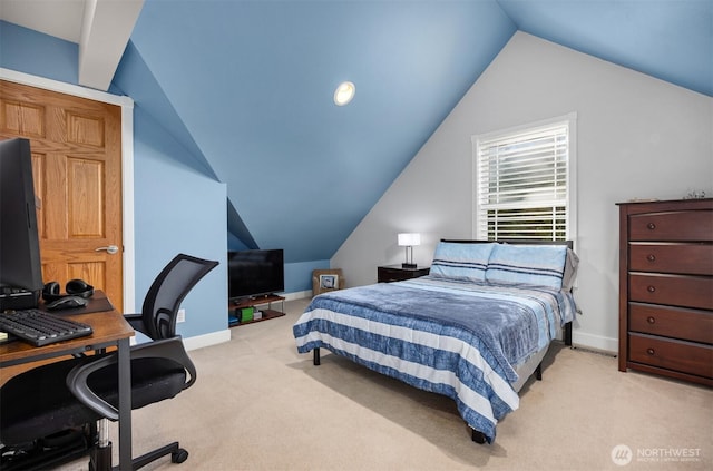 bedroom with lofted ceiling, baseboards, and carpet floors