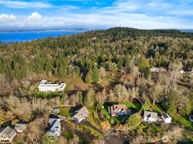 birds eye view of property featuring a forest view and a water view