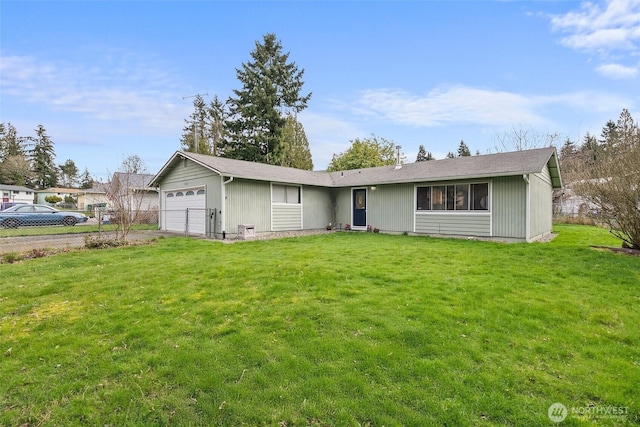 single story home featuring a front yard, an attached garage, fence, and driveway