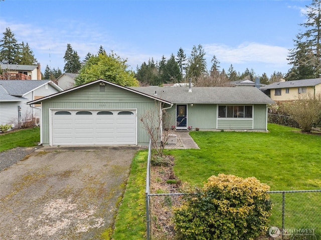 ranch-style house with a garage, a front yard, driveway, and fence