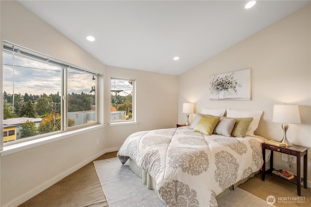 bedroom featuring lofted ceiling, recessed lighting, light carpet, and baseboards