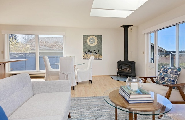 living area with a wood stove, a skylight, and wood finished floors