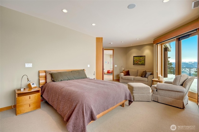 bedroom featuring light carpet, baseboards, visible vents, and recessed lighting