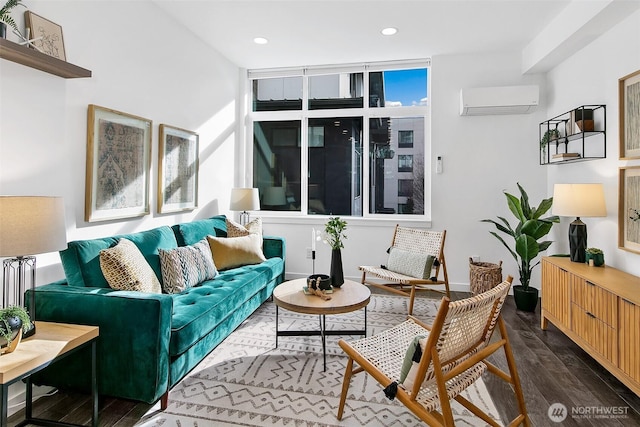 living room featuring recessed lighting, dark wood-style flooring, and a wall mounted AC