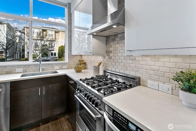 kitchen featuring dark brown cabinetry, stainless steel appliances, a sink, light countertops, and island exhaust hood