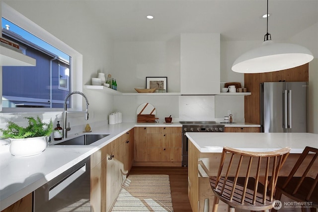 kitchen with a sink, open shelves, and stainless steel appliances