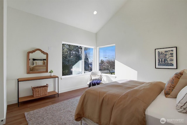 bedroom with recessed lighting, baseboards, high vaulted ceiling, and wood finished floors