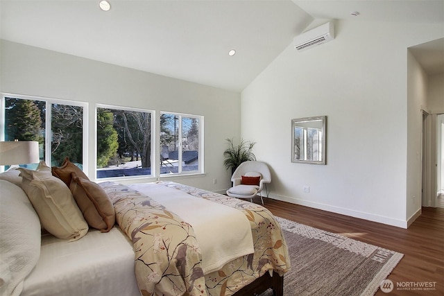 bedroom featuring wood finished floors, baseboards, a wall mounted air conditioner, and high vaulted ceiling