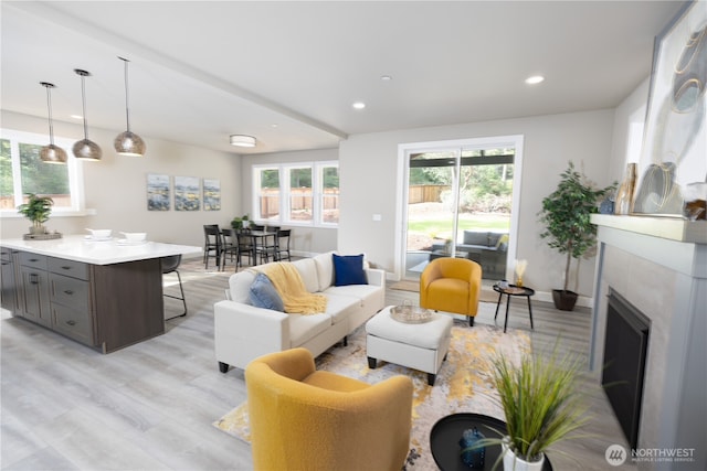 living room with light wood-type flooring, recessed lighting, a fireplace, and baseboards