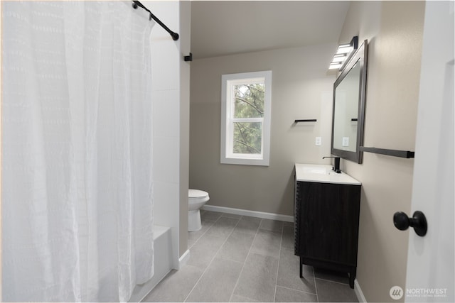 full bath with toilet, vanity, baseboards, tile patterned floors, and shower / bath combination with curtain