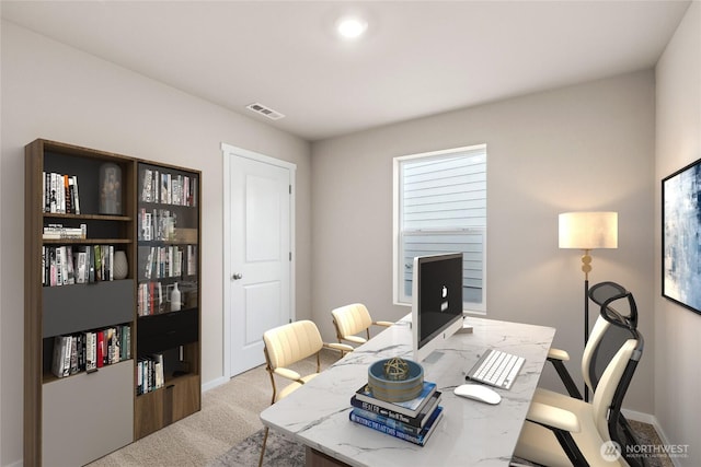 home office with light carpet, visible vents, and baseboards