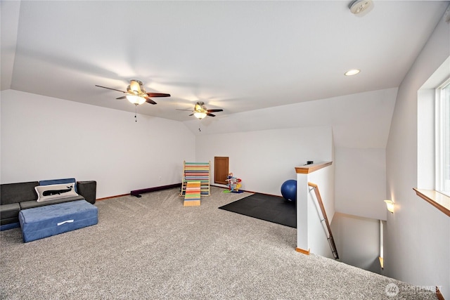 rec room with carpet floors, lofted ceiling, baseboards, and recessed lighting