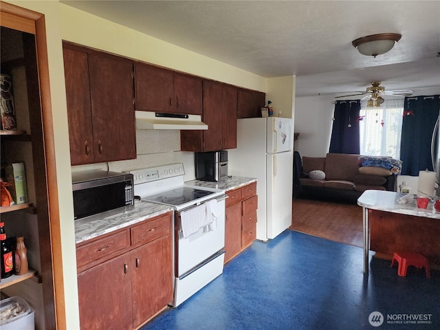 kitchen with white appliances, decorative backsplash, ceiling fan, light countertops, and under cabinet range hood