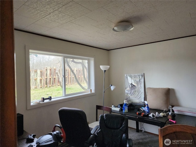 home office with carpet floors and crown molding