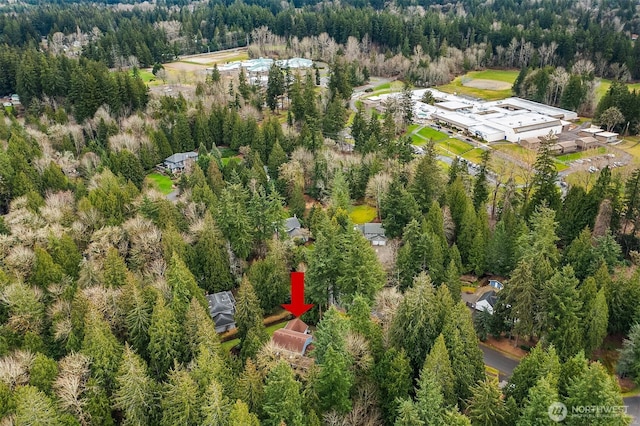 birds eye view of property featuring a forest view