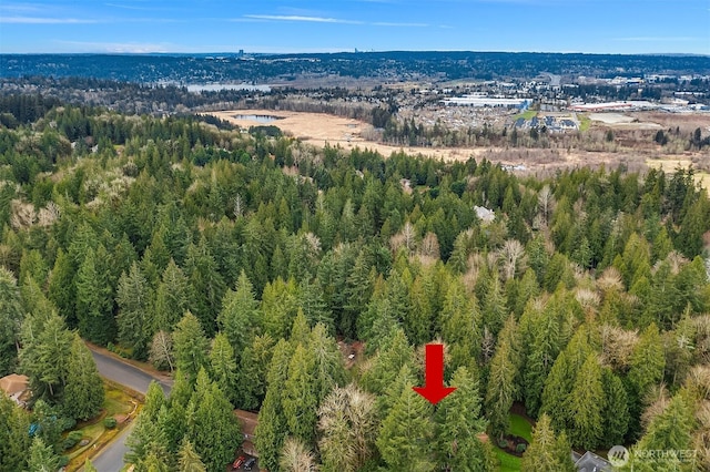 drone / aerial view featuring a view of trees