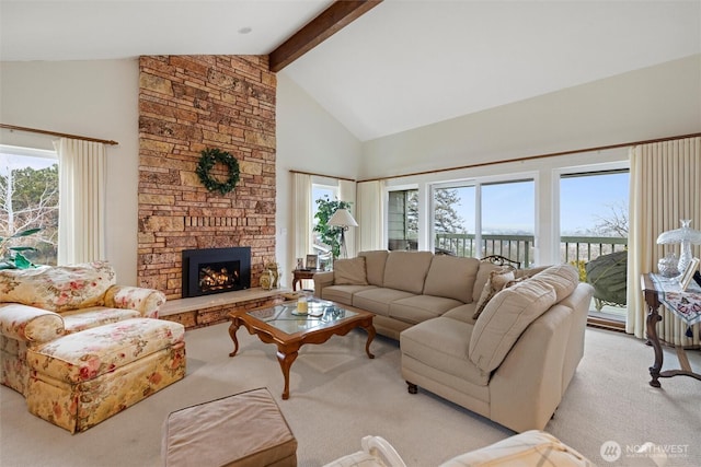 living room with a stone fireplace, high vaulted ceiling, beam ceiling, and light colored carpet