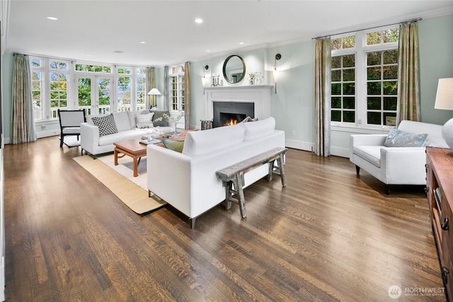 living area featuring dark wood-style flooring, recessed lighting, ornamental molding, a lit fireplace, and baseboards