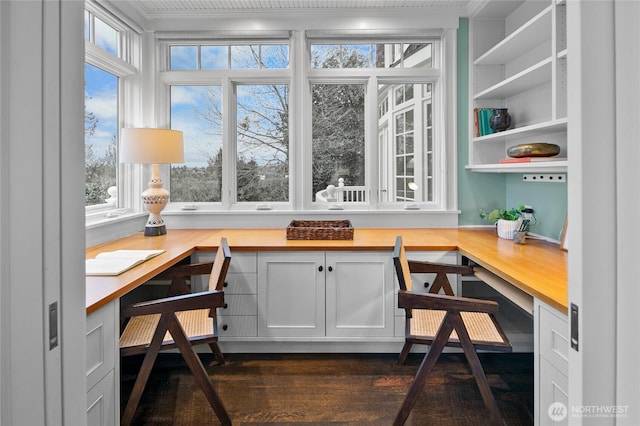 office area featuring crown molding, dark wood finished floors, plenty of natural light, and built in desk