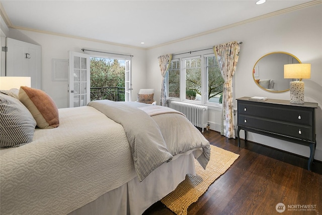 bedroom with ornamental molding, dark wood-type flooring, radiator heating unit, and access to exterior