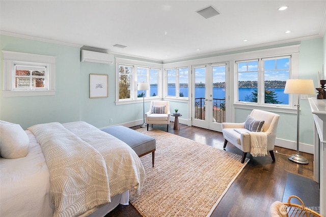 bedroom with access to outside, a wall mounted AC, a water view, and crown molding