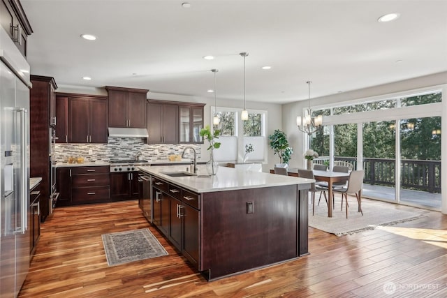 kitchen with a center island with sink, wood finished floors, light countertops, under cabinet range hood, and a sink