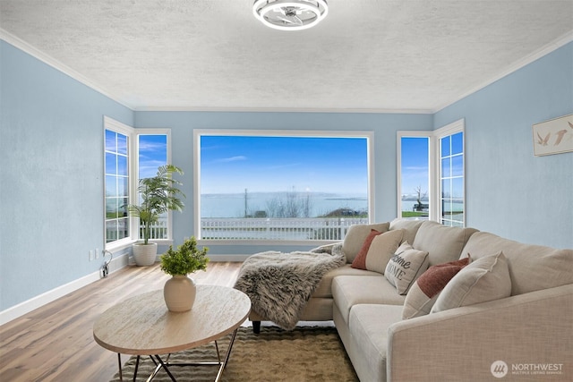 living room with ornamental molding, a textured ceiling, baseboards, and wood finished floors