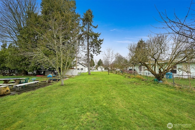 view of yard with an outbuilding and a fenced backyard