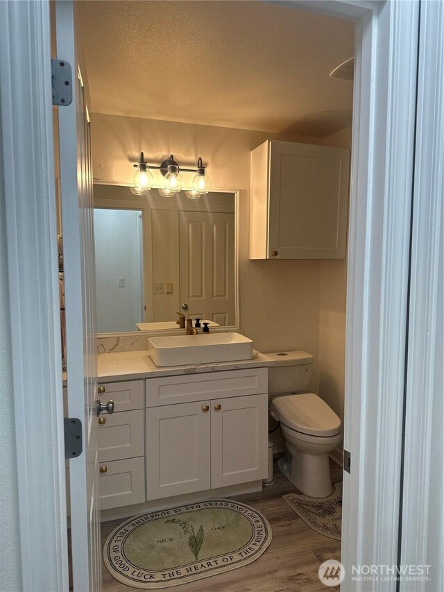 bathroom featuring vanity, toilet, wood finished floors, and a textured ceiling