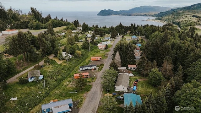 bird's eye view featuring a water and mountain view