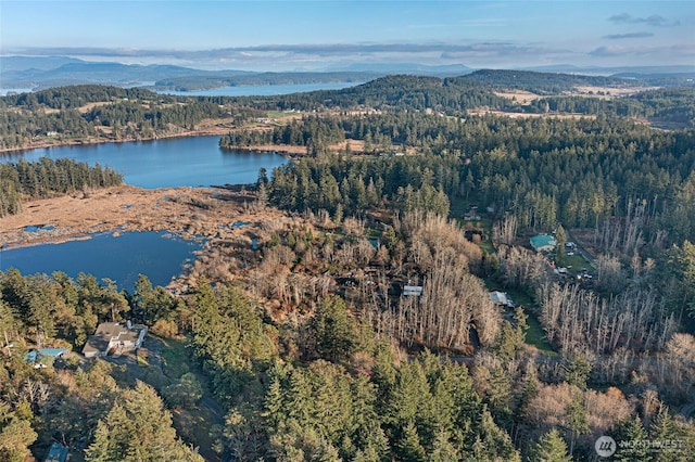 aerial view with a forest view and a water and mountain view