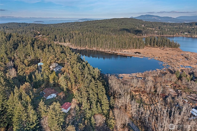 bird's eye view with a wooded view and a water and mountain view