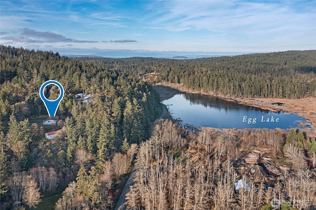 drone / aerial view featuring a water view and a wooded view