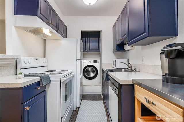 kitchen with white appliances, washer / clothes dryer, dark wood-type flooring, blue cabinets, and a sink