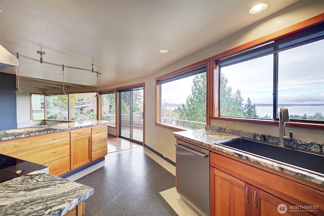 kitchen featuring baseboards, brown cabinets, stainless steel dishwasher, a sink, and recessed lighting