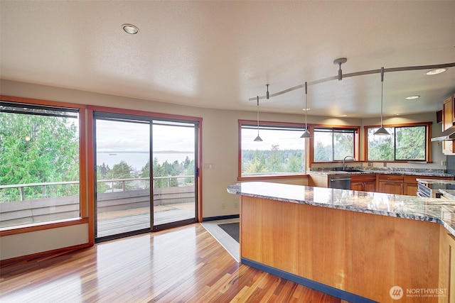 kitchen featuring decorative light fixtures, light wood-style flooring, brown cabinetry, appliances with stainless steel finishes, and a sink