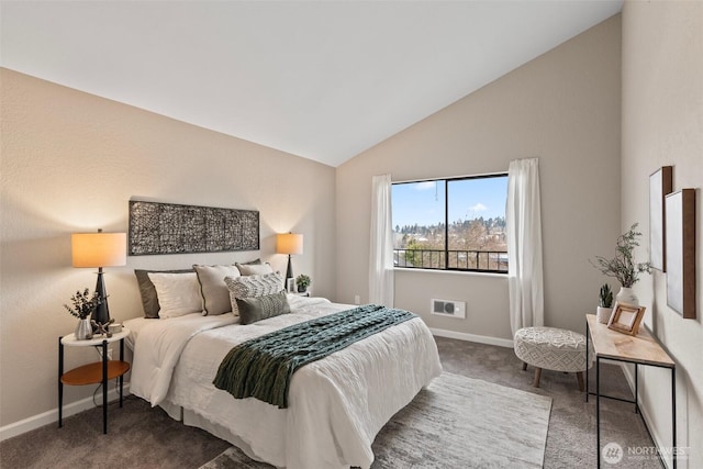 bedroom featuring high vaulted ceiling, baseboards, and dark carpet