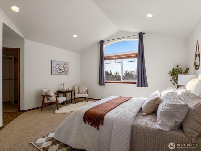 carpeted bedroom featuring lofted ceiling, baseboards, and recessed lighting