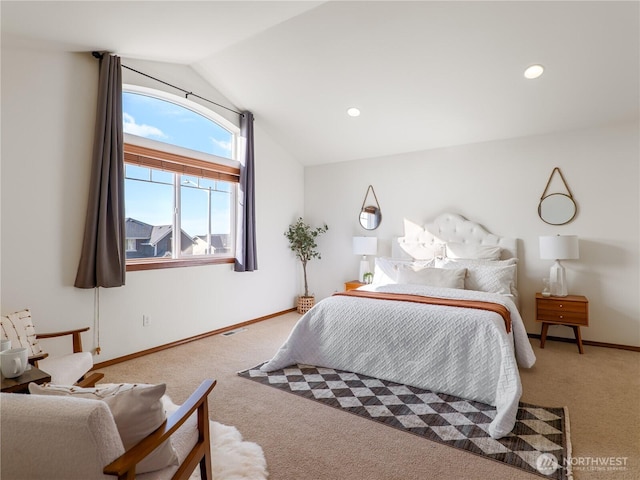 bedroom with carpet floors, baseboards, vaulted ceiling, and recessed lighting