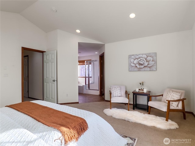 bedroom featuring lofted ceiling, baseboards, carpet, and recessed lighting